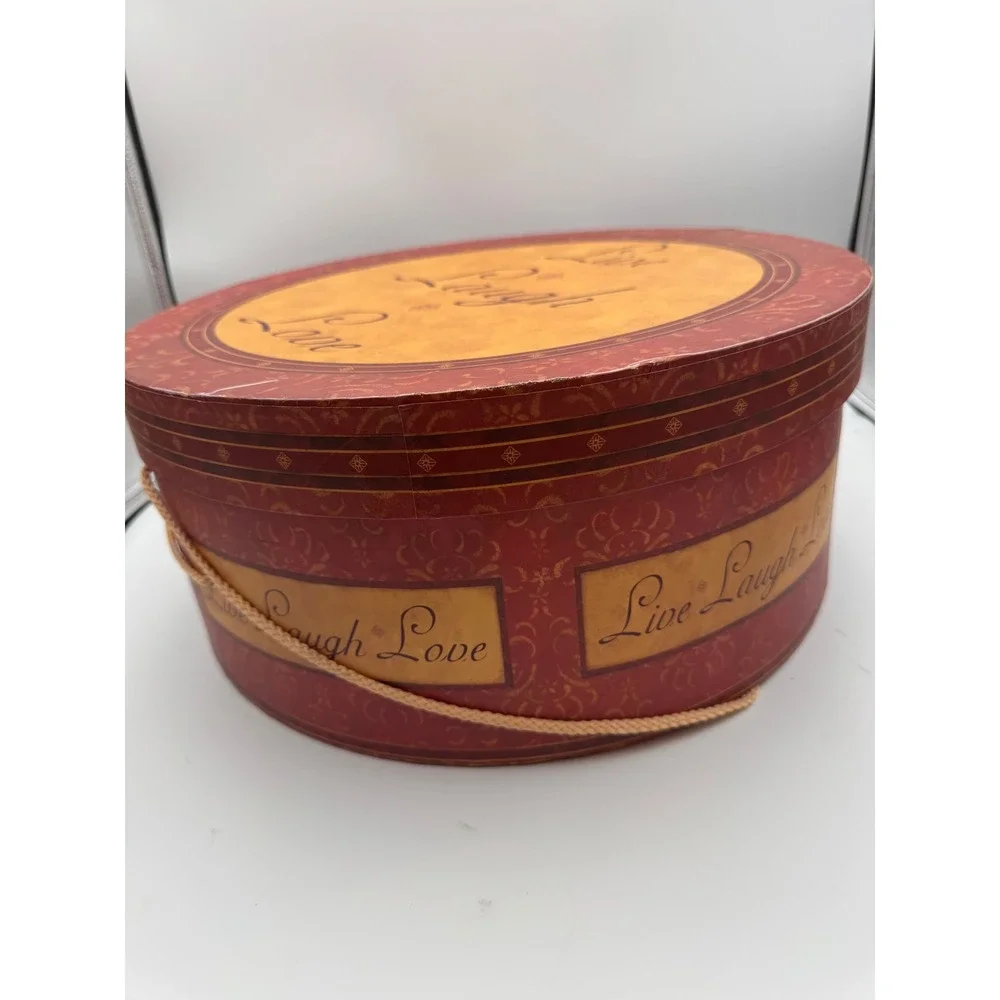 Live Laugh Love Round Decorative Storage Box Burgundy Gold Damask Hat Box Handle